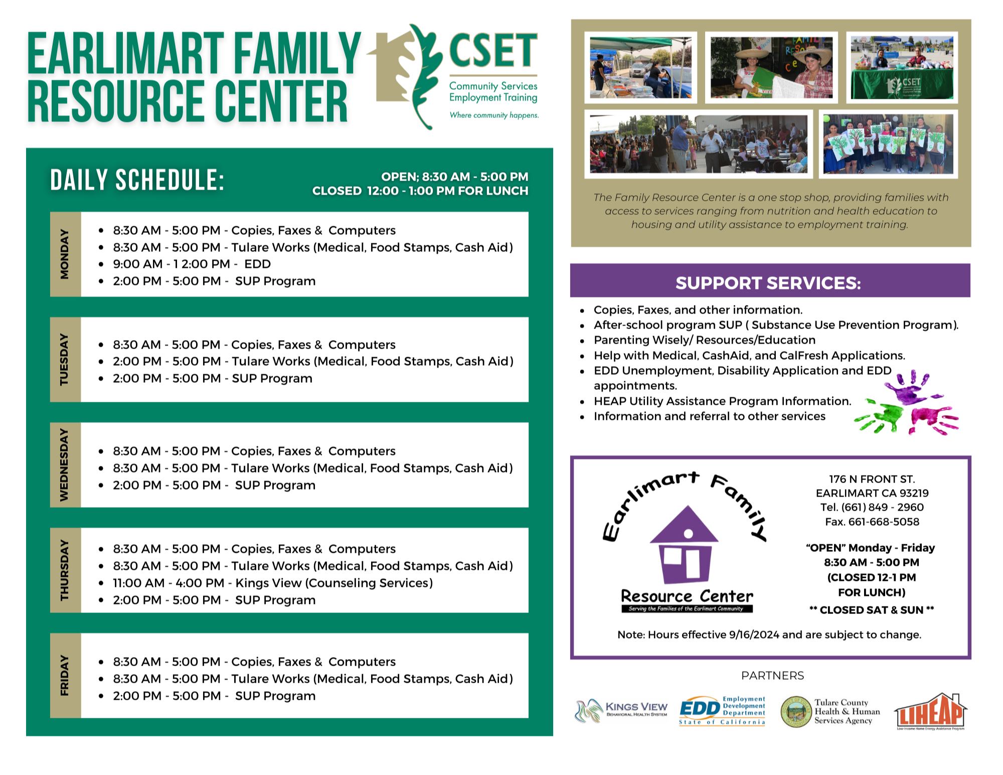 CSET Earlimart Family Resource Center flyer/schedule, FRC logo, CSET logo, images of CSET staff at community events, All written details in the article