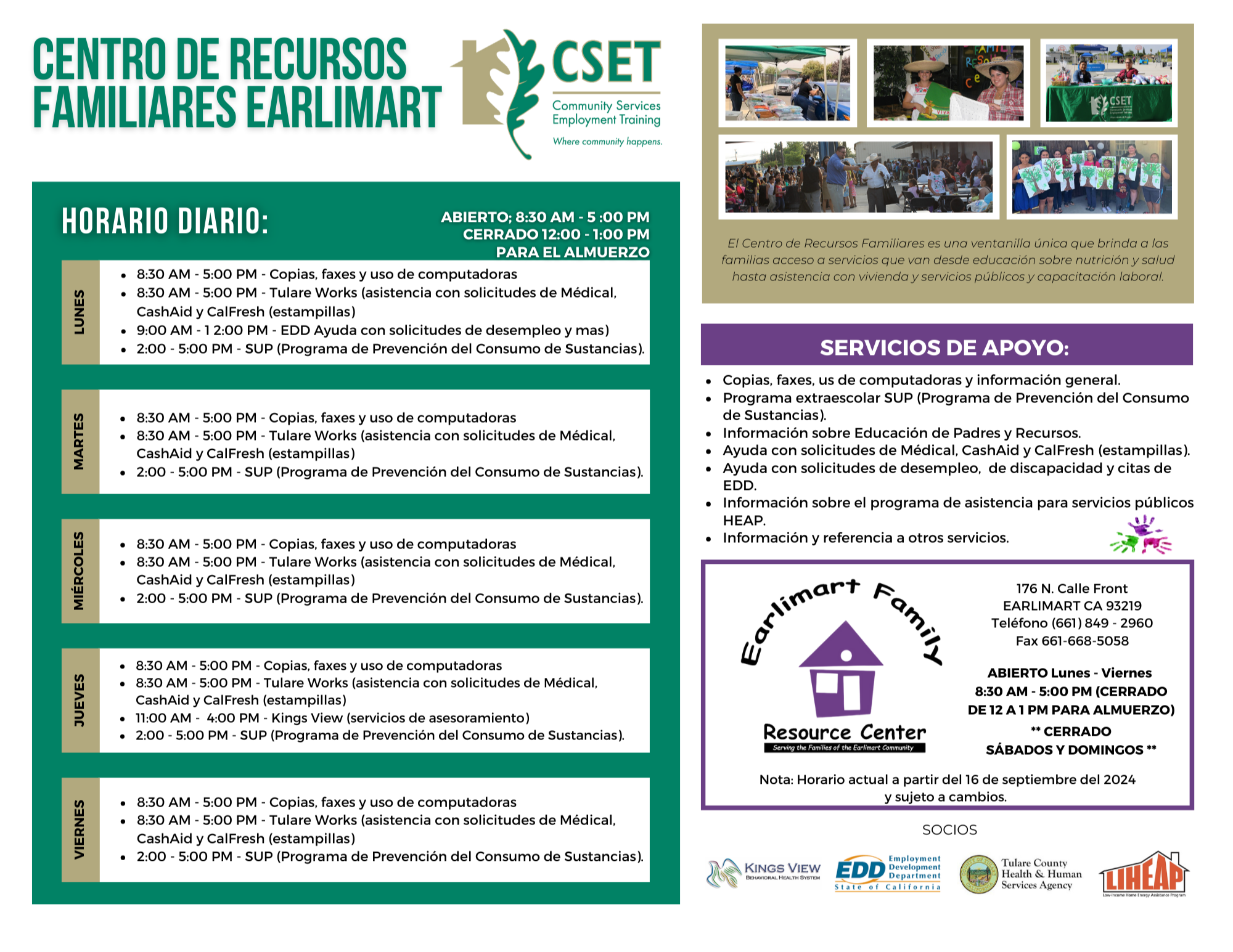 CSET Earlimart Family Resource Center flyer/schedule, FRC logo, CSET logo, images of CSET staff at community events, All written details in the article (spanish)