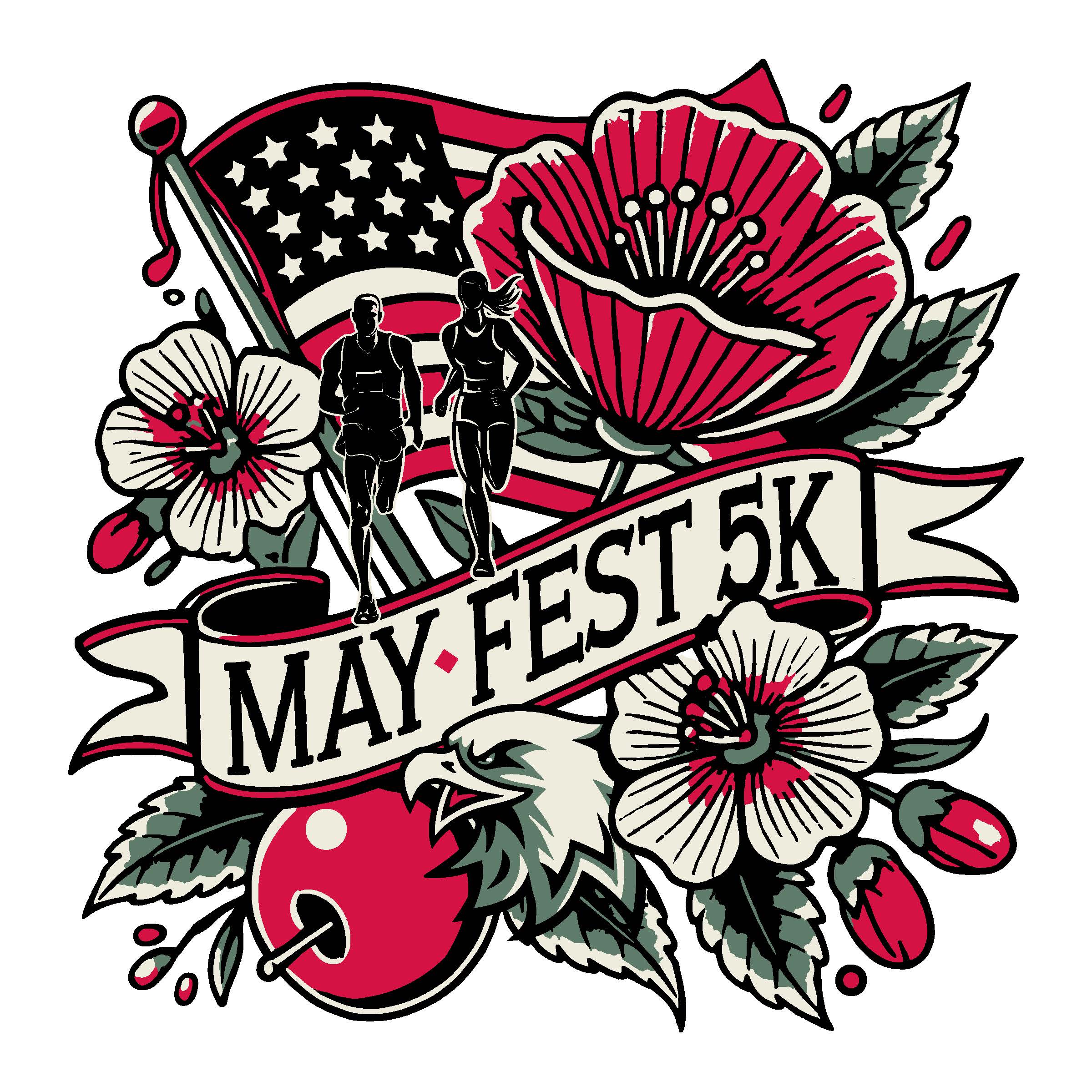 logo with flag, poppies, apple blossoms, eagle, runners, and banner that says may fest 5k