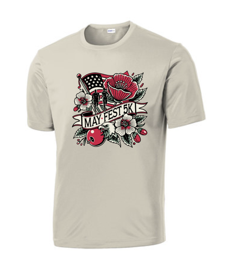 race logo on shirt with flag, flowers, eagle, and banner