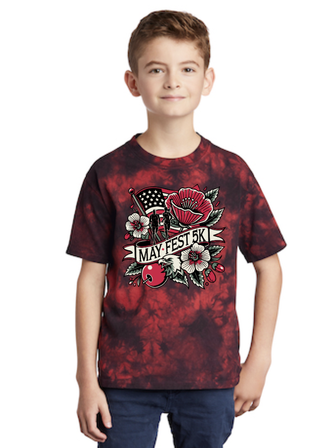 tshirt with race logo with flag, eagle, flowers, and banner