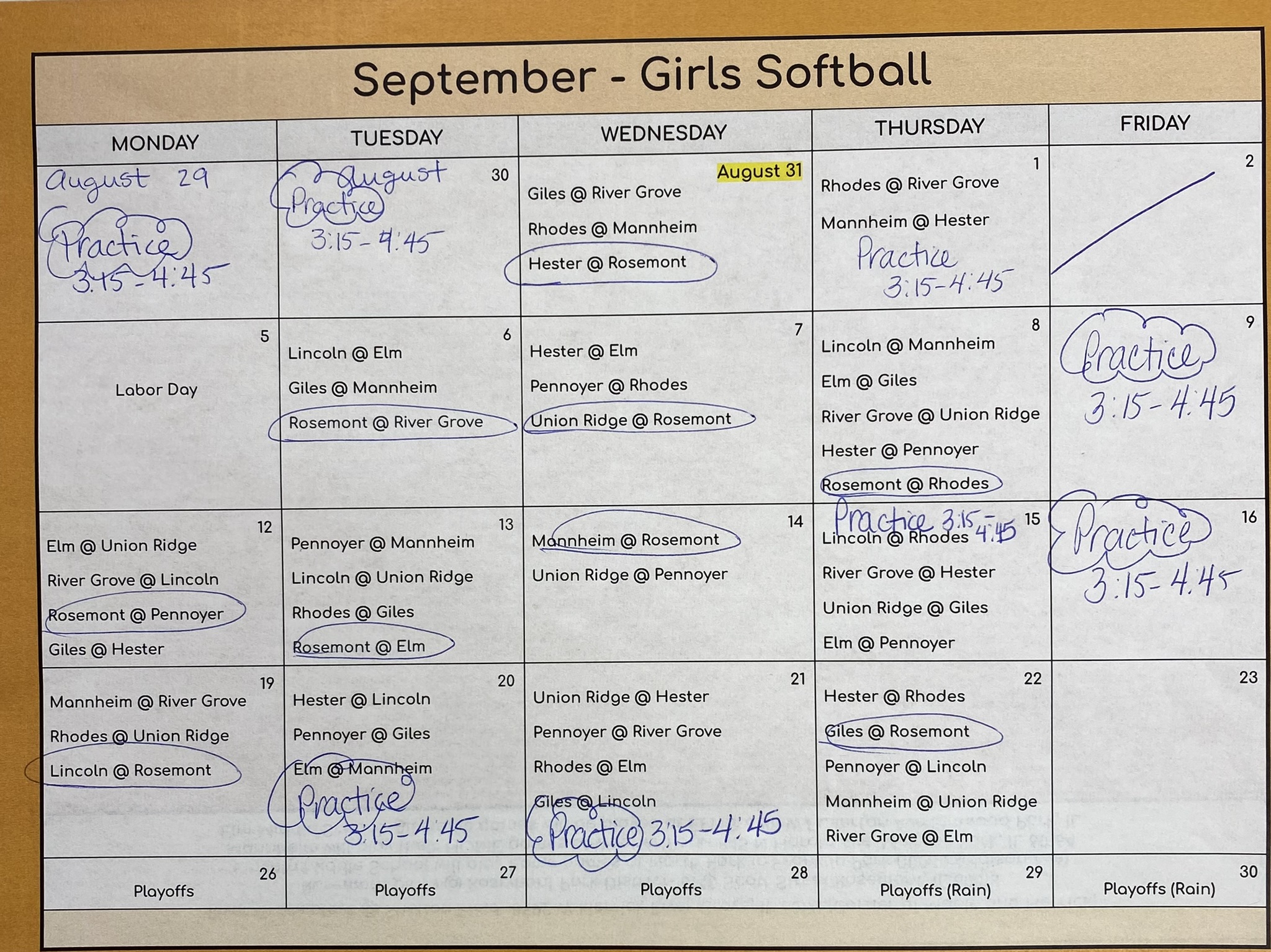 Girls Softball Rosemont Elementary School District 78