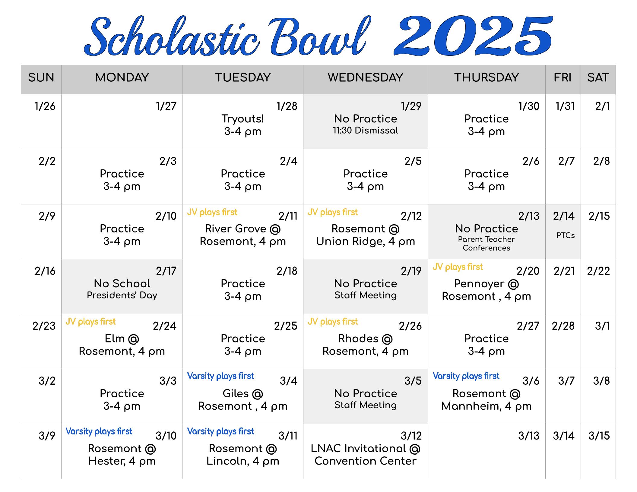 Scholastic Bowl Calendar  2025