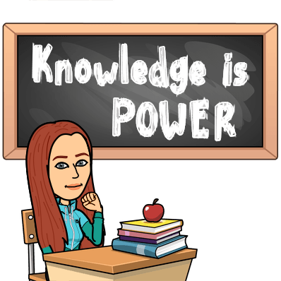 Bitmoji of Sarah Rhodes sitting at a desk with books and an apple; in the background there's a chalkboard reading: Knowledge is Power