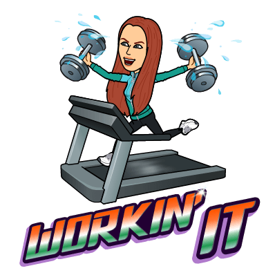 Bitmoji illustration of Sarah lifting weights on a treadmill with bold words: Workin' It