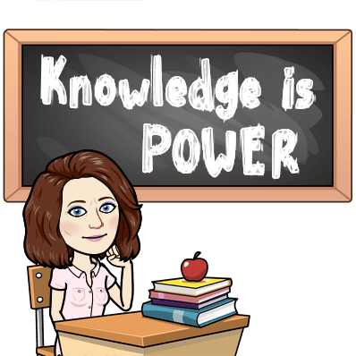 Bitmoji cartoon of Mrs. Cline sitting in front of a chalkboard with the words "Knowledge is Power" written on it 