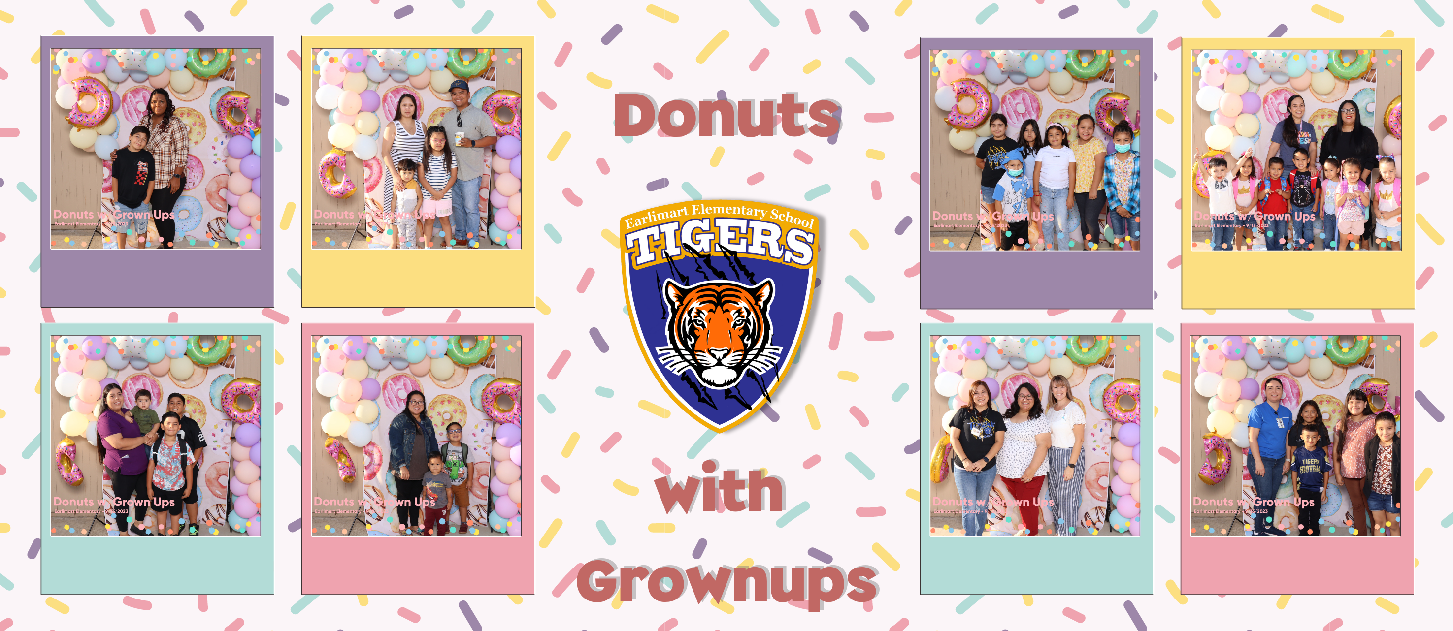 EES school logo, "donuts with grown ups" text, 6 pictures of parents and staff 