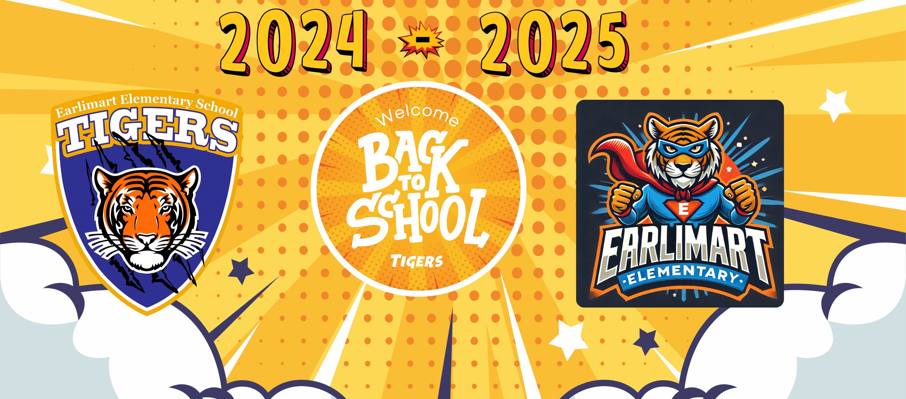 comic book image with welcome back to school tigers school logo