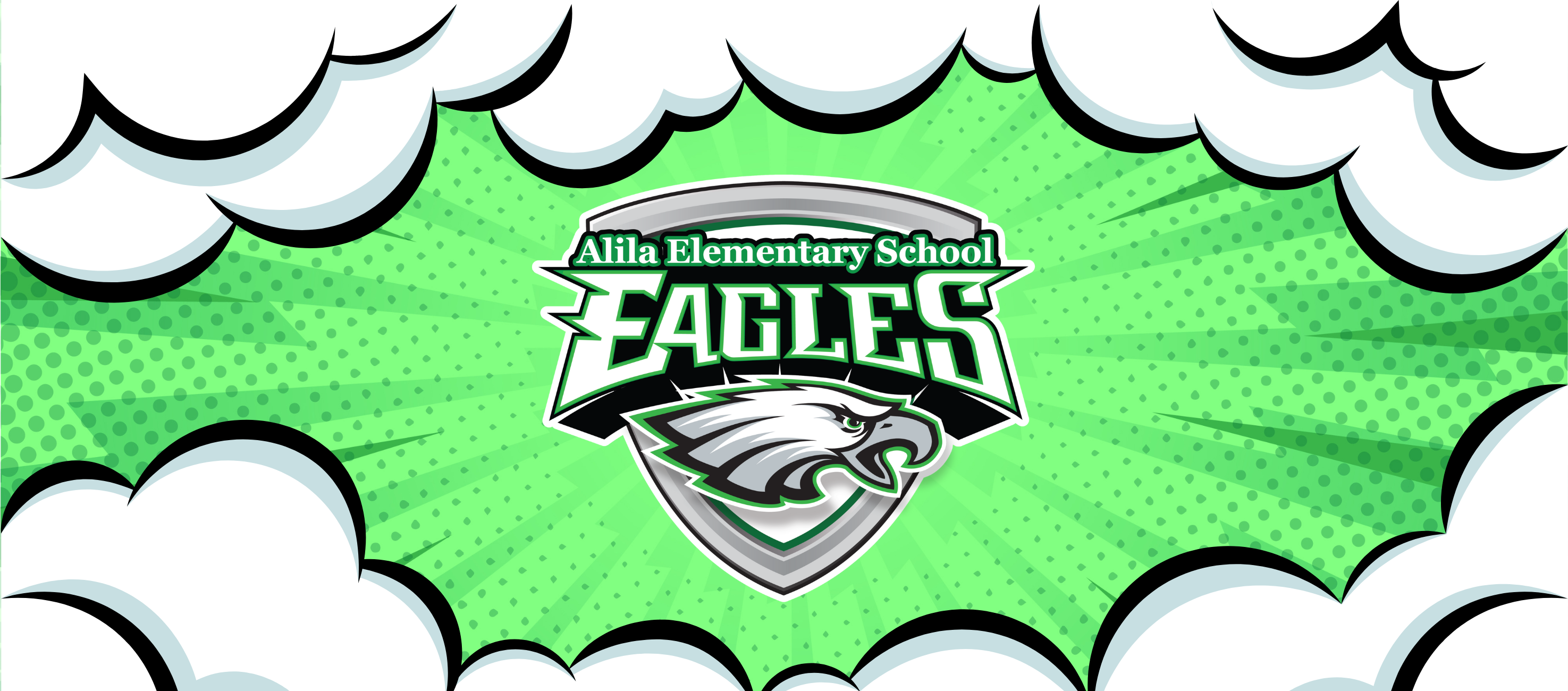 Alila Elementary School logo, green comic background with clouds