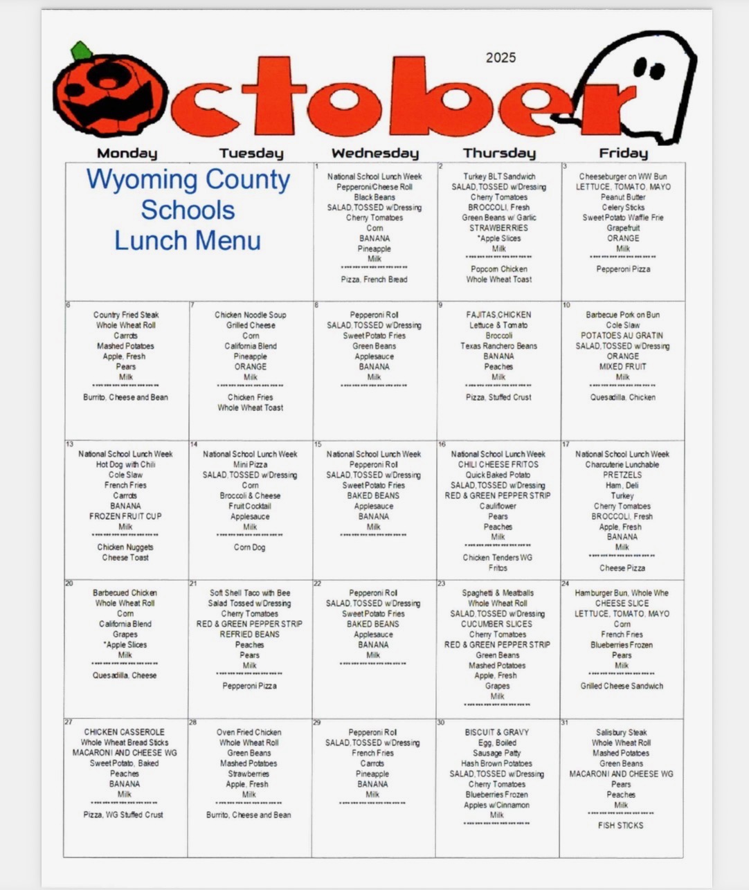 october lunch menu