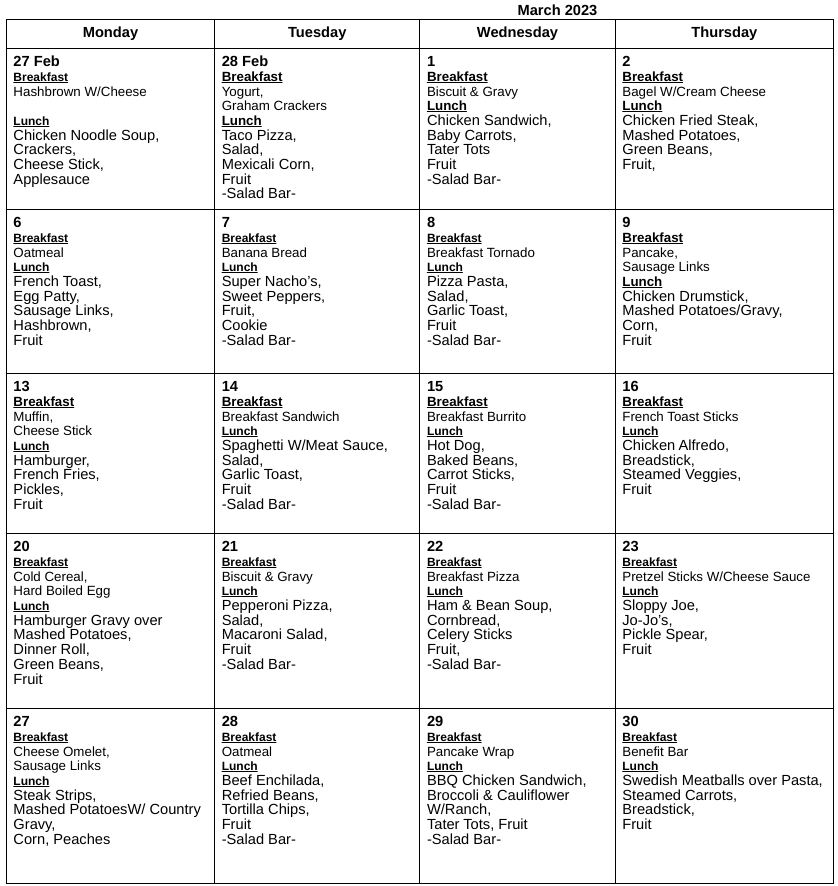 Lunch Menu | Victor Public School