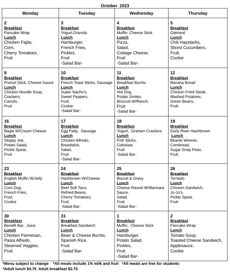 Lunch Menu | Victor Public School