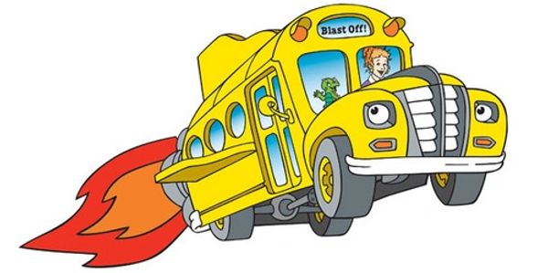 Ms. Frizzle driving a yellow bus