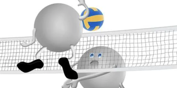 two cartoon volleyballs hitting a blue and yellow volleyball over a net