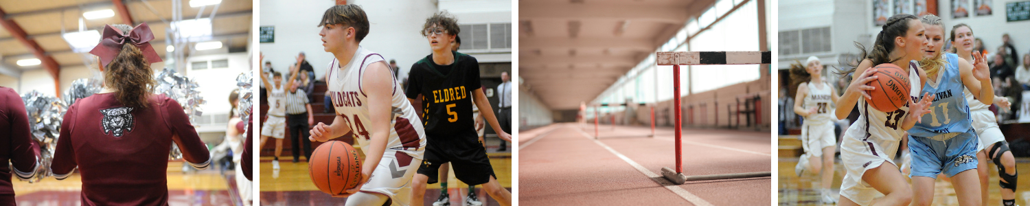 girls basketball, boys basketball, indoor track and cheerleading photo on banner