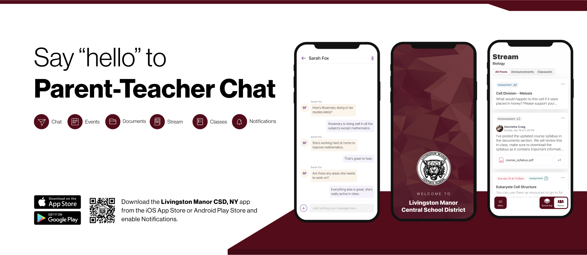 Say hello to Parent-Teacher chat in the new Rooms app. Download the Livingston Manor Central School District app in the Google Play or Apple App store.