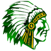 School logo of Jemez Valley Public Schools, profile illustration of Native American with feathered headdress; green black and gold accents