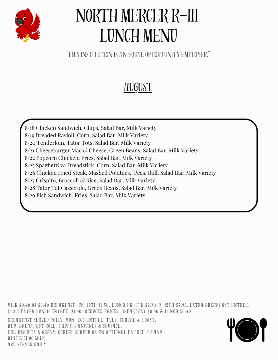 AUGUST LUNCH MENU