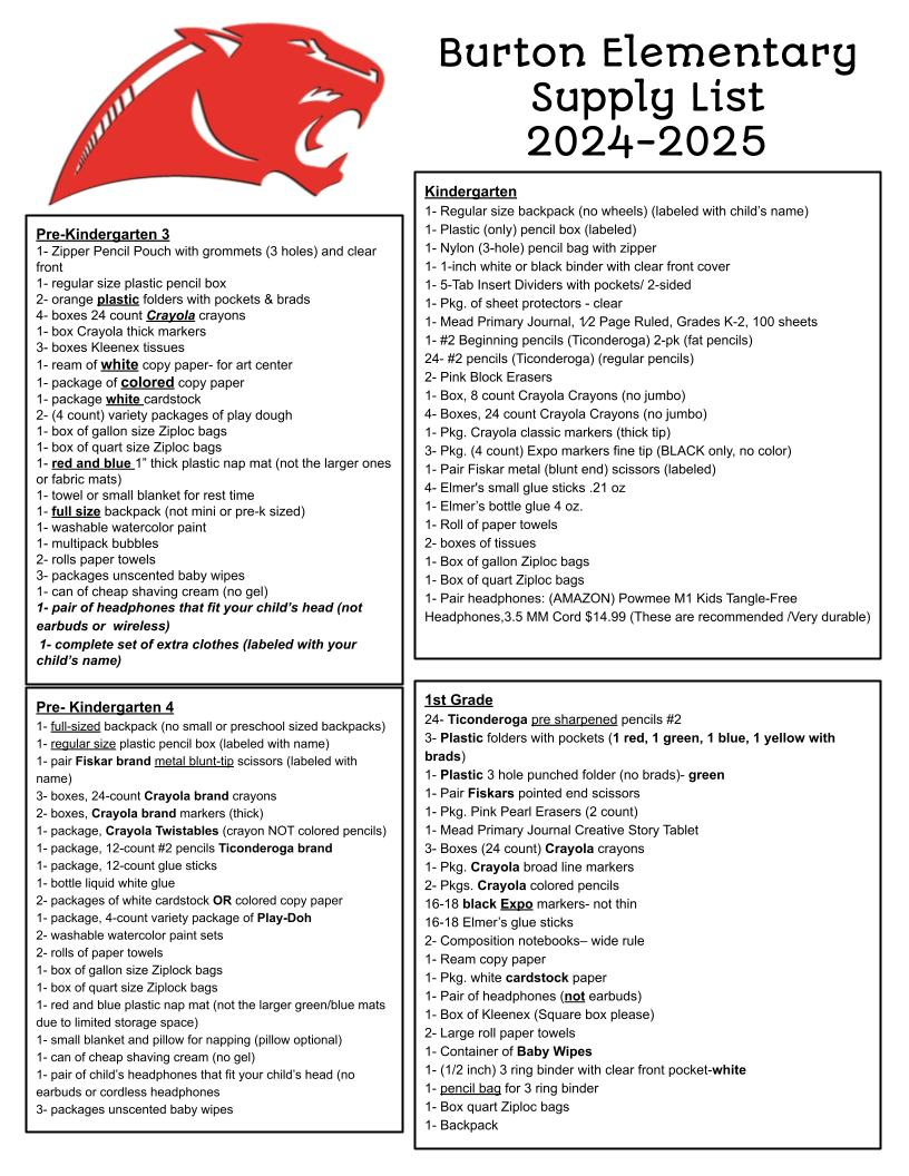 School Supply Lists Burton Independent School District