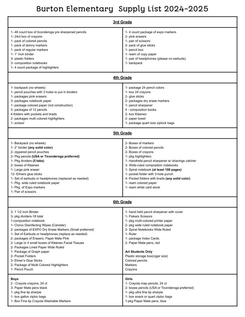 School Supply Lists Burton Independent School District
