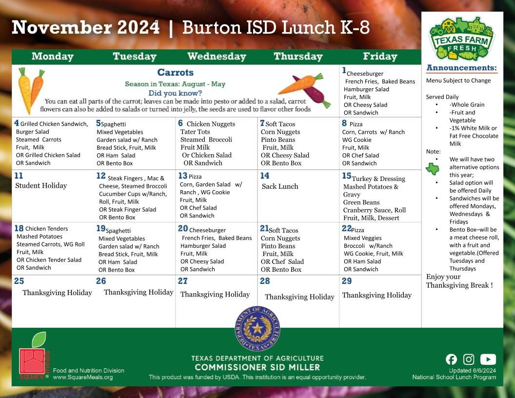 K-12 Lunch Menu