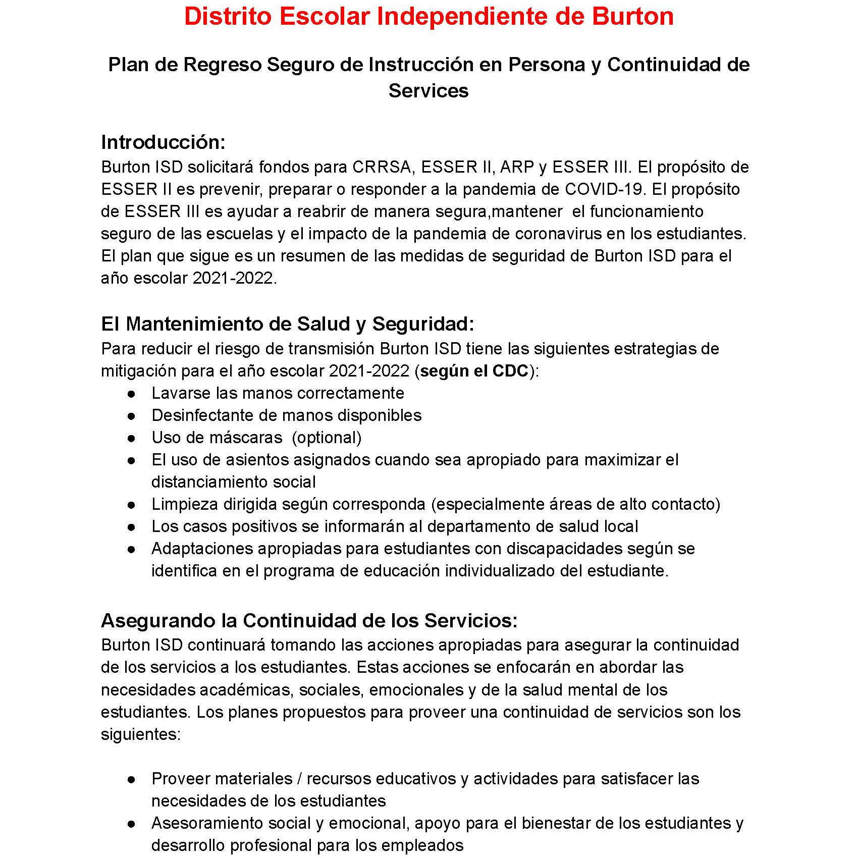 Plan de Regreso Seguro de Instrucción en Persona y Continuidad de Services