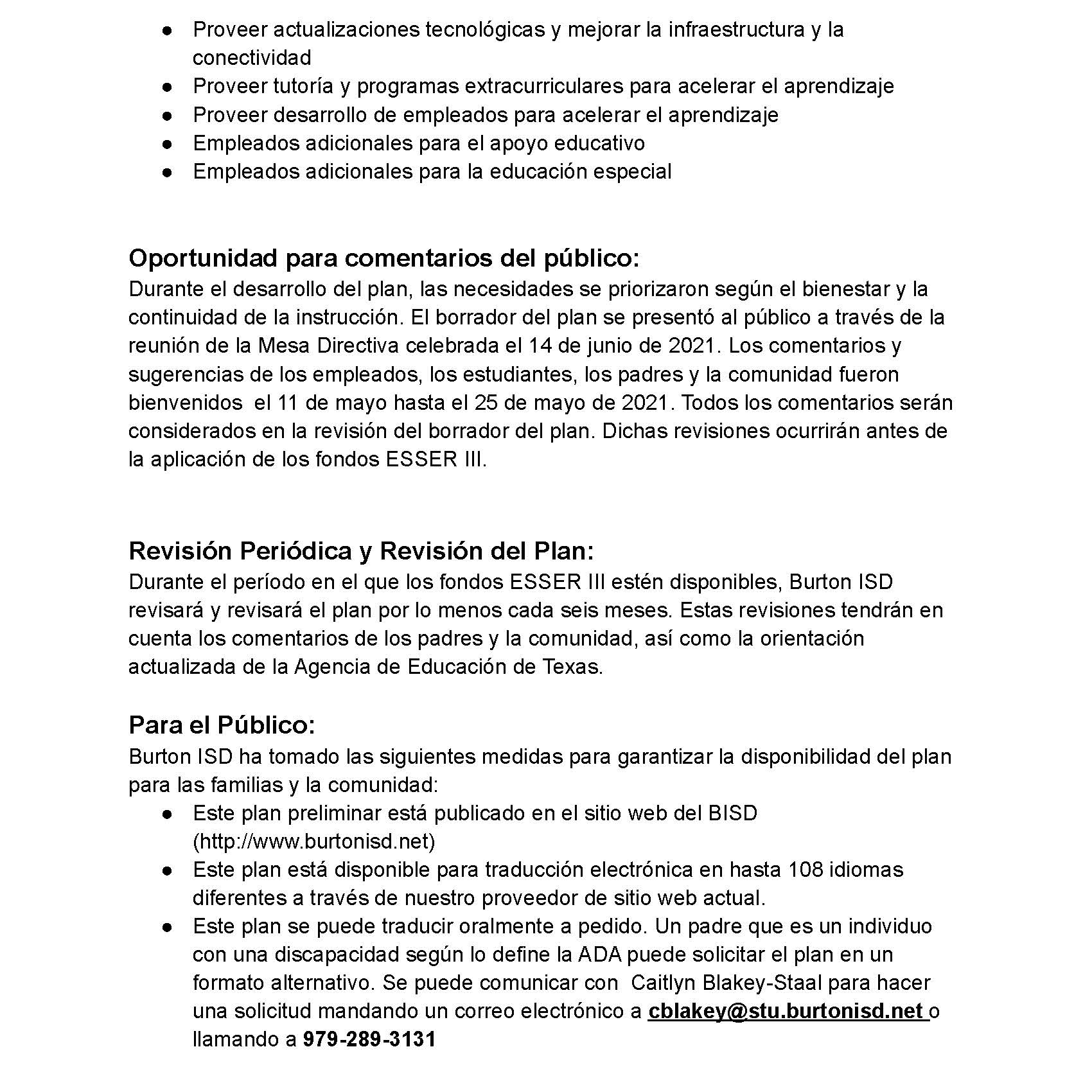 Plan de Regreso Seguro de Instrucción en Persona y Continuidad de Services 2