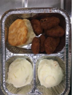 Photo of chicken nuggets, biscuit, mashed potatoes