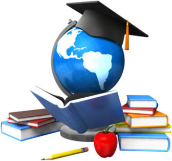 photo of a globe with a graduation hat on and holding a book