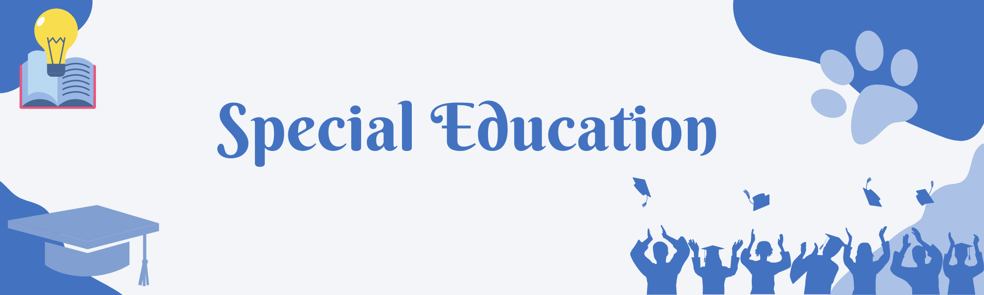 Header with graduation cap, silhouettes throwing up graduation caps, lightbulb over a book, paw print with text "special education"