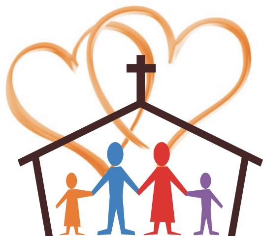 Logo of people in a church with 2 hearts