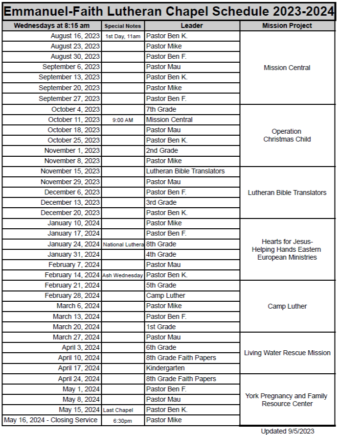  Emmanuel-Faith Lutheran School Chapel Schedule 2022.23