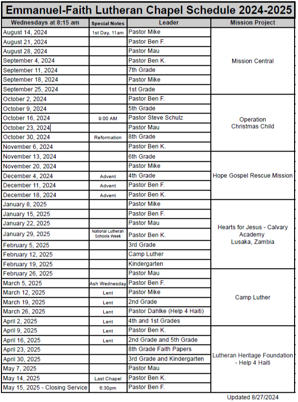  Emmanuel-Faith Lutheran School Chapel Schedule 2024.2025