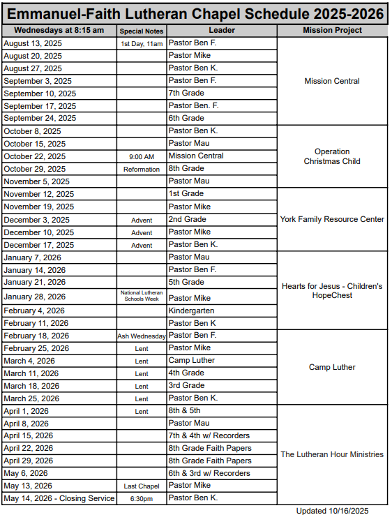  Emmanuel-Faith Lutheran School Chapel Schedule 2024.2025