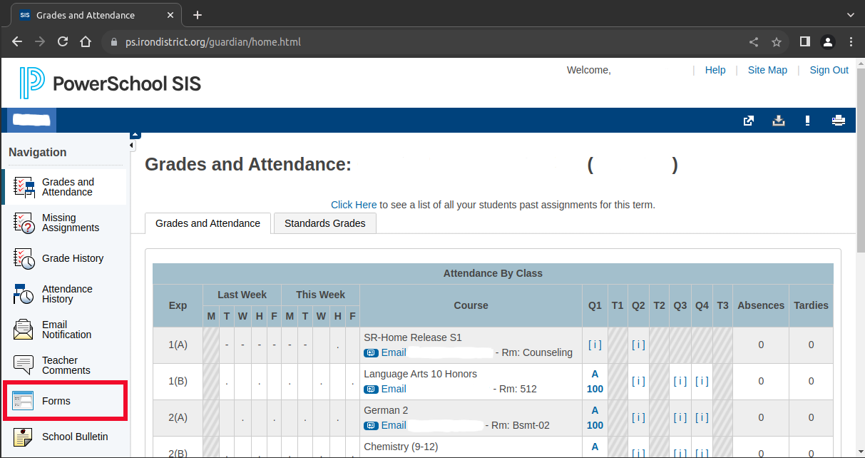 Default page with forms link highlighted. 