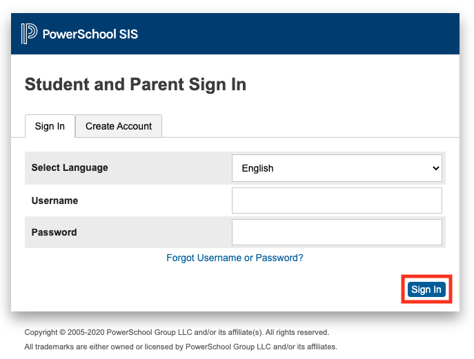 PowerSchool SIS student and Parent sign in