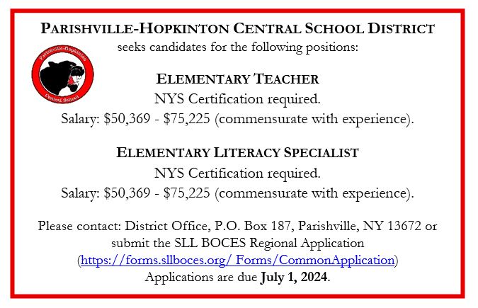 Elementary Teacher and Elementary Literacy Specialist Ad