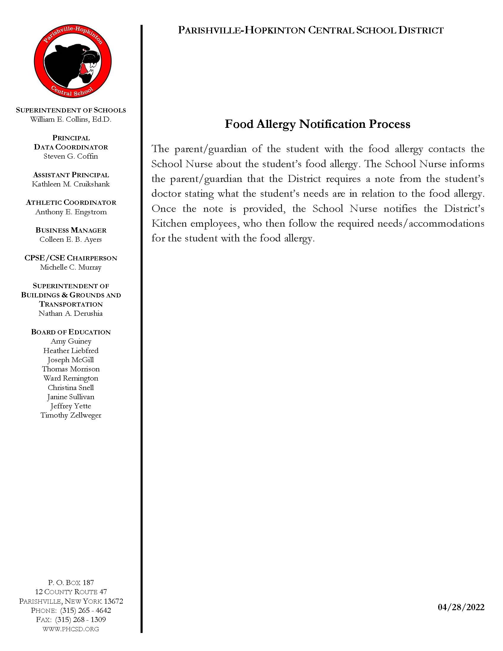 Food Allergy Notification Process