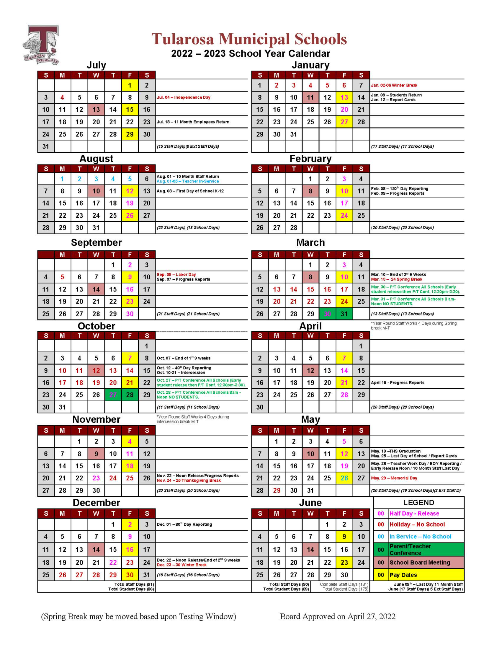 Calendar Tularosa Municipal School District
