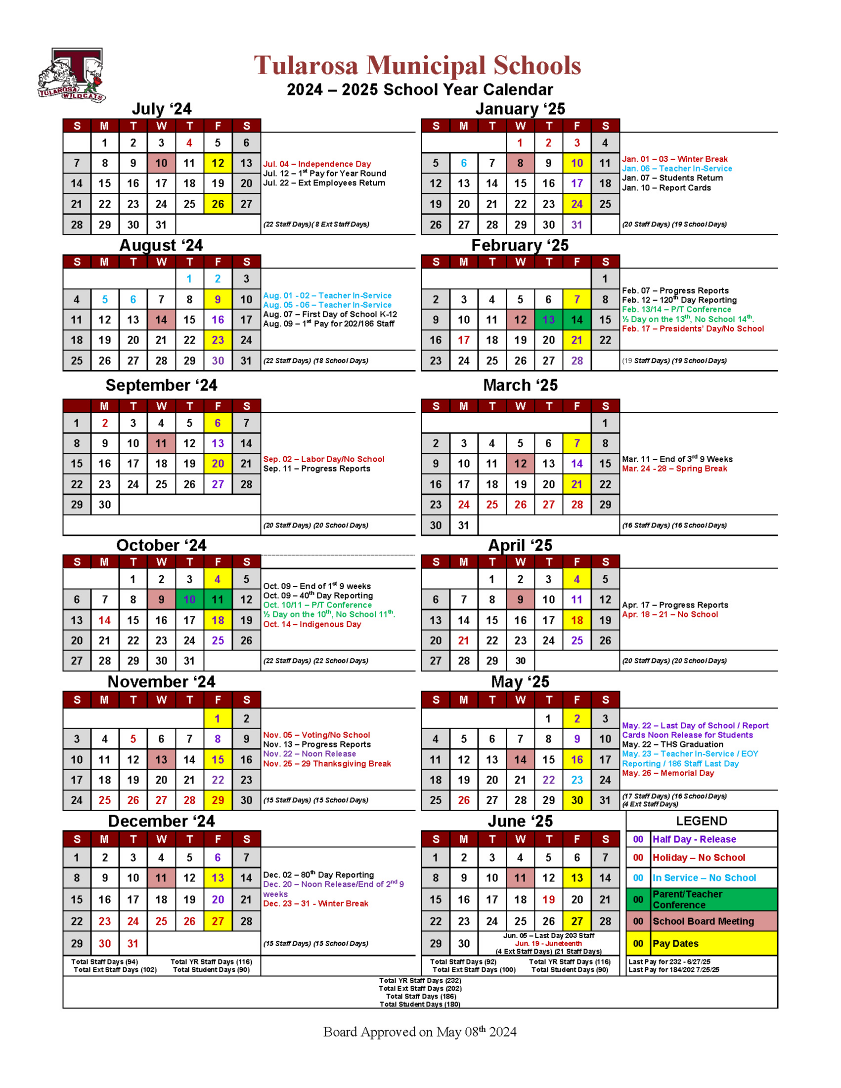 Calendar Tularosa Municipal School District