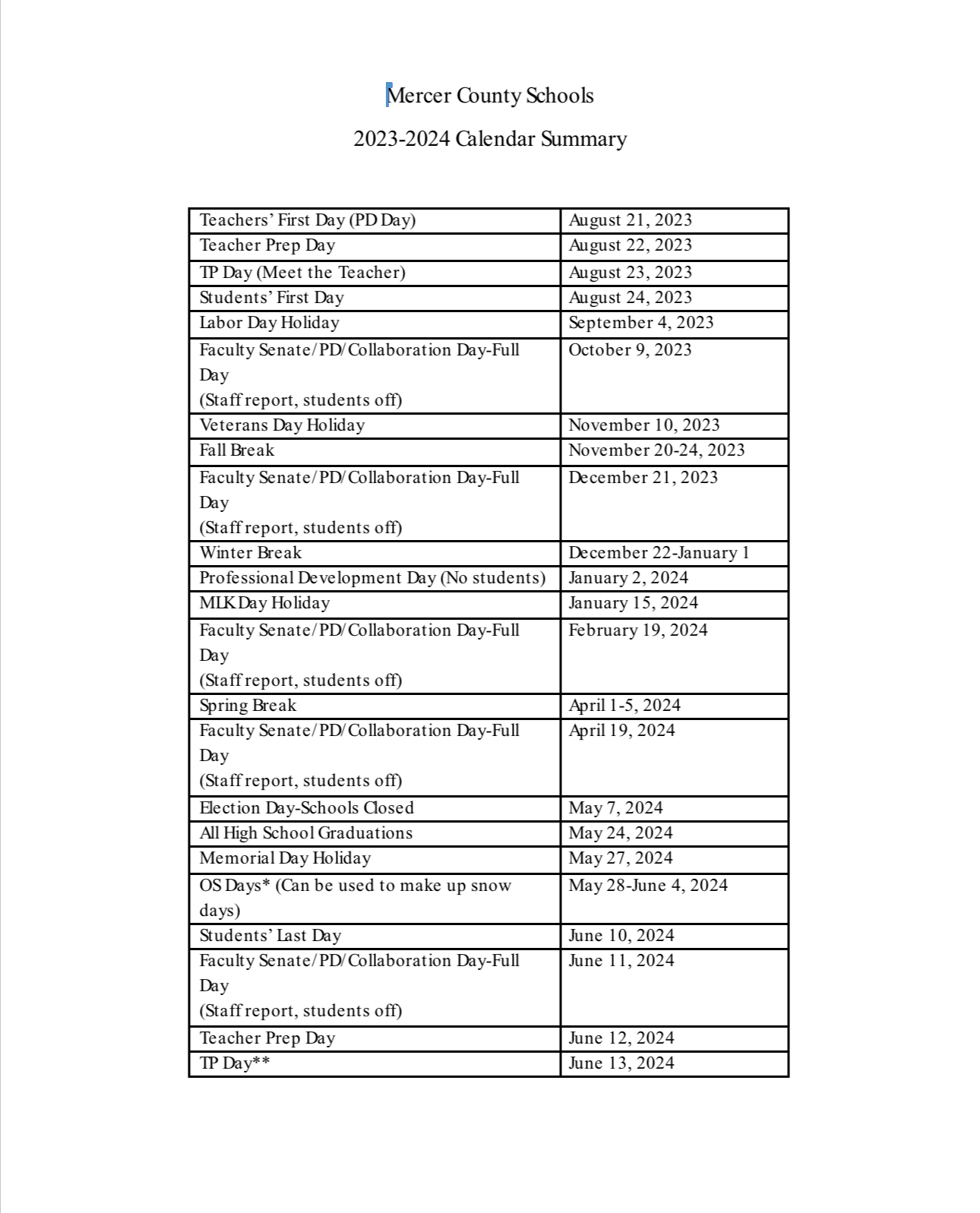 Mercer County Public Schools Calendar 2024 and 2025