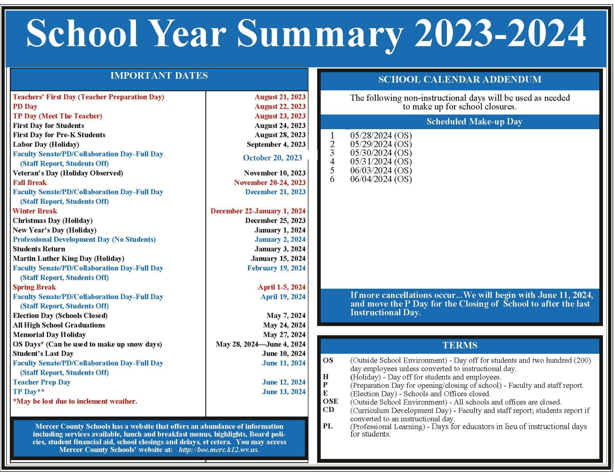 2023 2024 Student Calendar Mercer County Schools