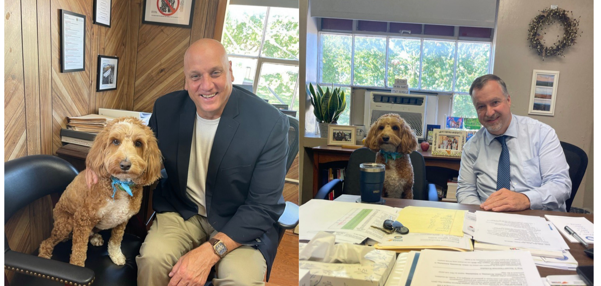 Superintendent Toman and Dr. Adkins with Oakvale's Therapy Dog, Oakley