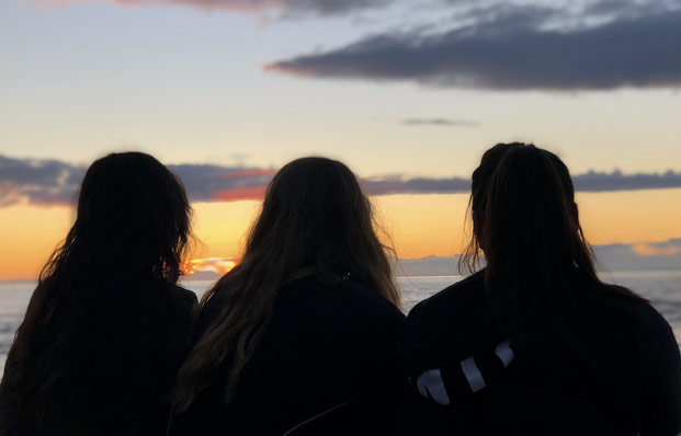 View from behind three students staring at a sunset.
