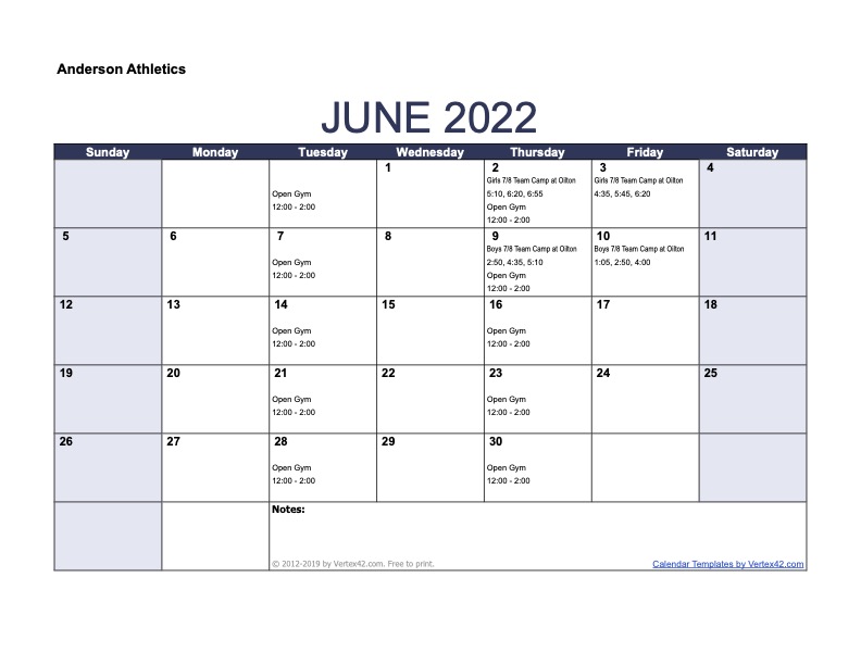 June Athletic Calendar