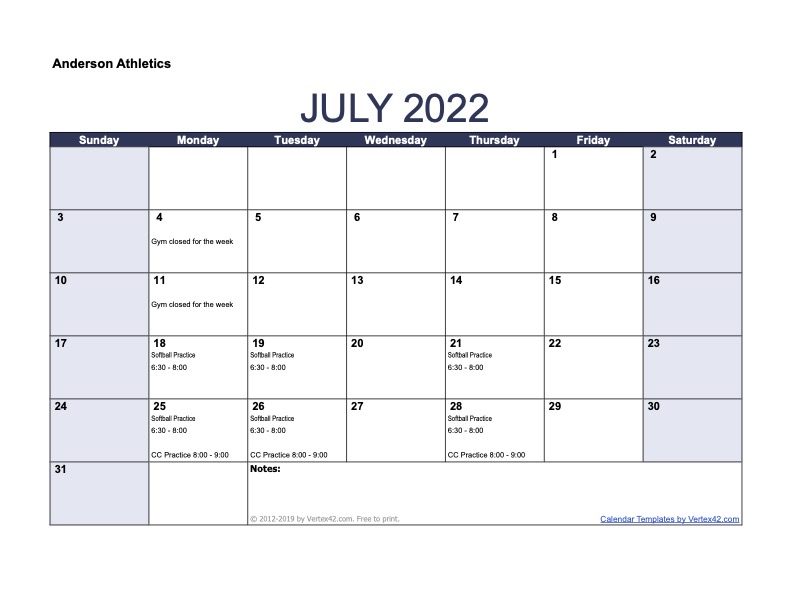 July Athletic Calendar