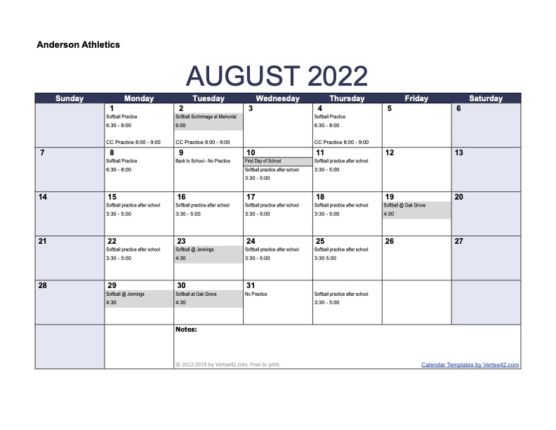 August Athletic Calendar