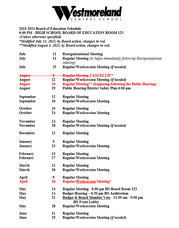 2023-2024 Board of Education Meeting Schedule