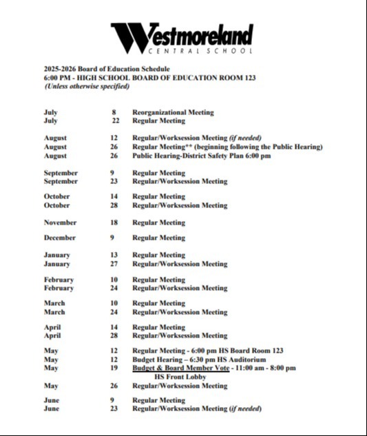 2025-2026 Board of Education Meeting Schedule