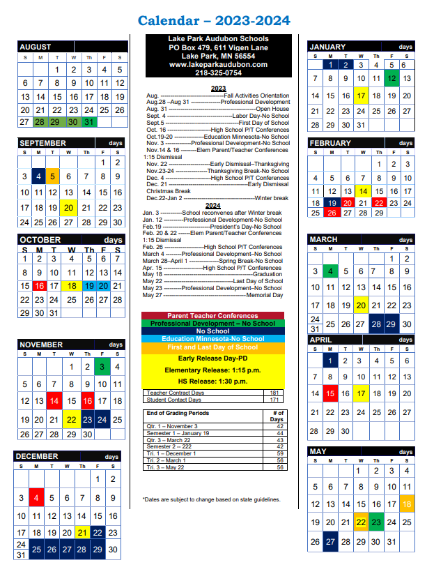 Lake Park Audubon Schools Calendar 2024 and 2025